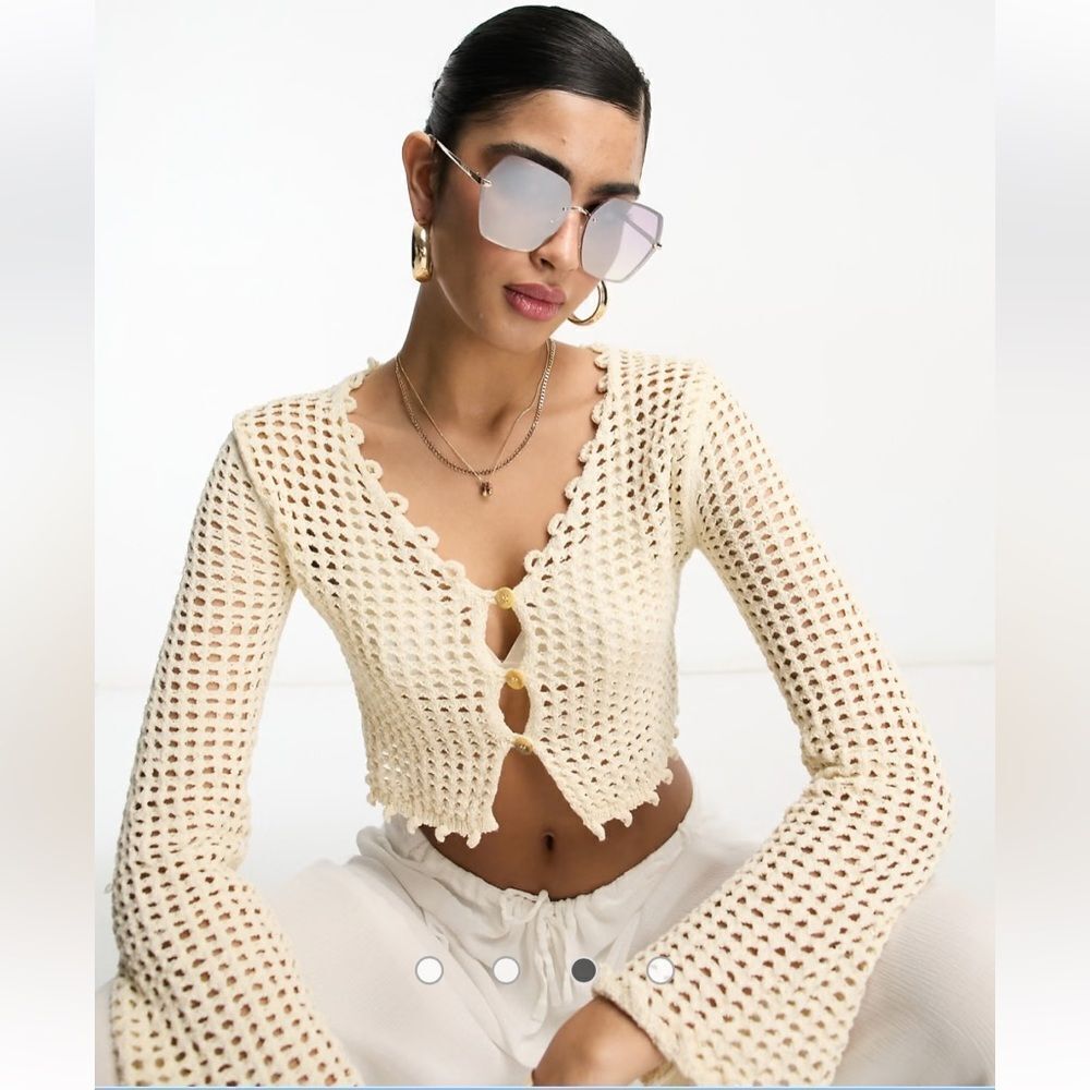 River Island Crochet Button  Crop  Knitted  Top in Cream Sz 8 NWT